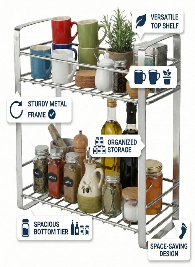 TechSrmaji 2 Tier Stainless Steel Kitchen Rack | Multipurpose Storage Shelf for Kitchen & Bathroom | Rust Proof Dish Rack, Spice Organizer, Bathroom Shelf (Silver) - Image 2
